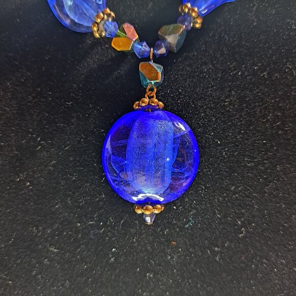 U and I Blue glass necklace beaded 18" - Picture 2 of 3